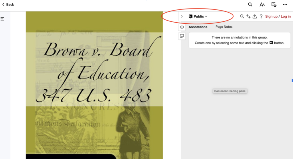 VitalSource text with the Hypothesis sidebar. The Hypothesis sidebar shows that the current group is set to Public.